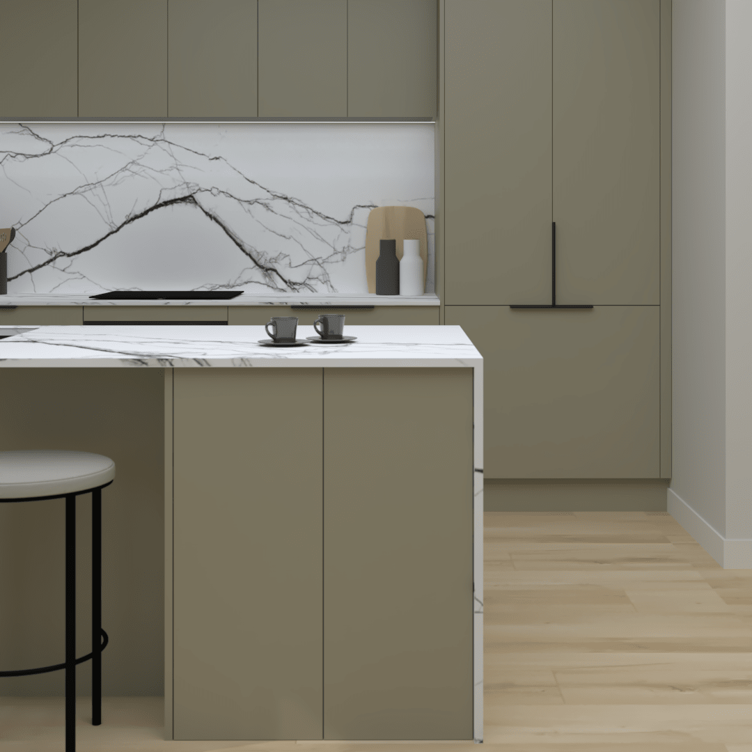 The brightness of the benchtop creates a stunning contrast against the earthy green cabinetry. 
Design by kitchen designer Shannon Smith of SL Design