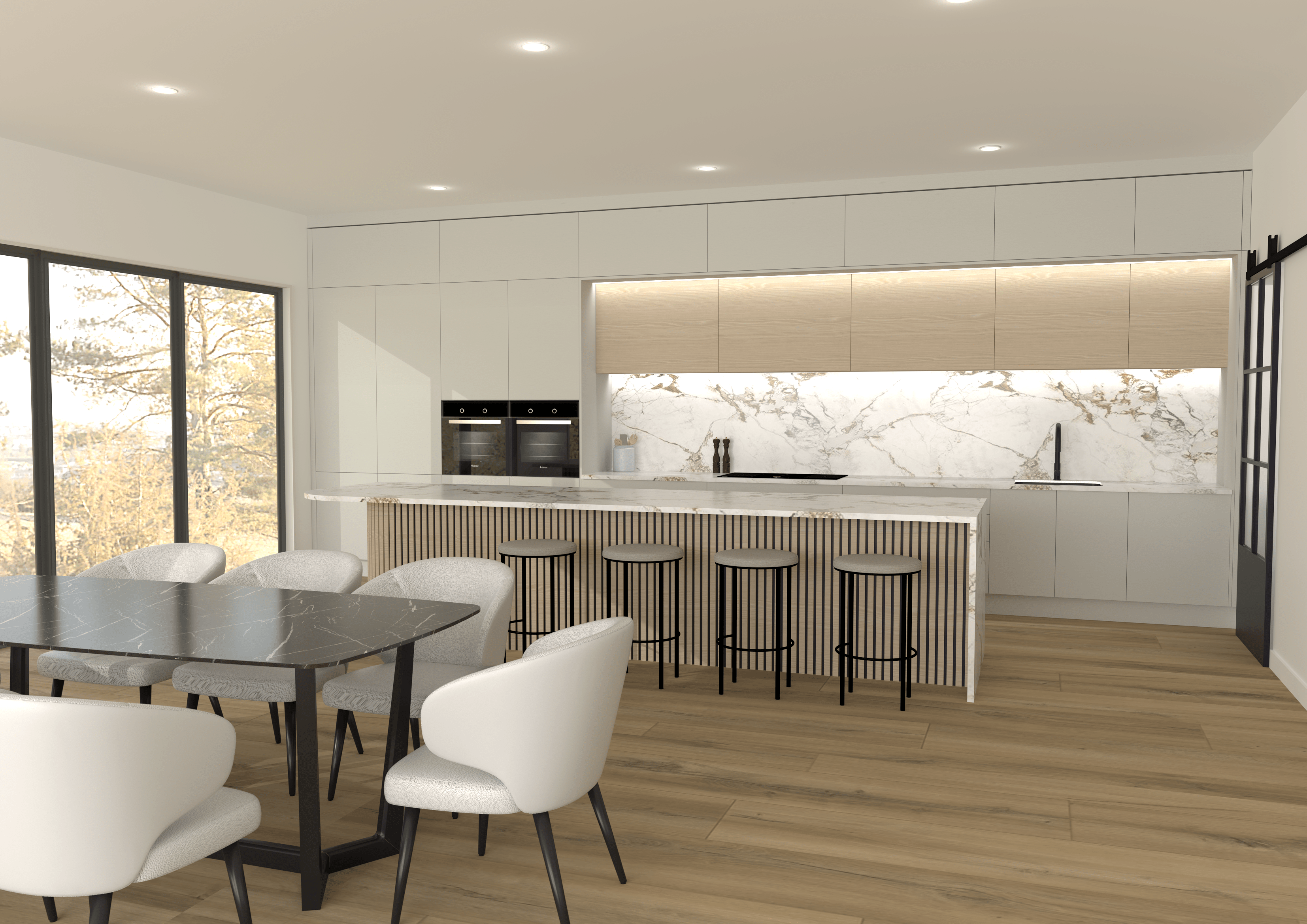 We have tied the natural timber flooring look into the kitchen cabinetry to create a warm and well balanced space.