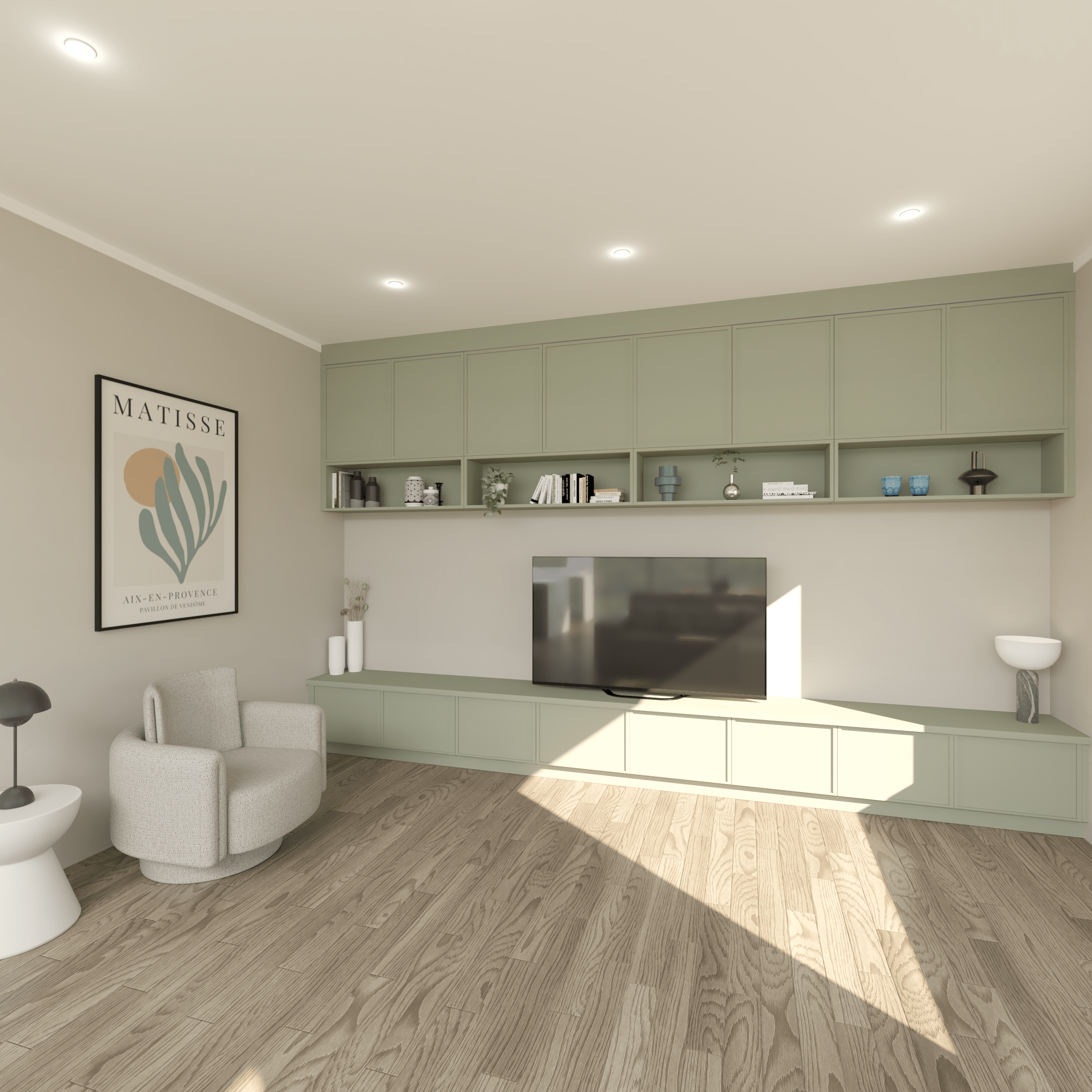 This green design features plenty of storage and open shelves where our client can inject their personailty. This mix allows for a clean and considered space.