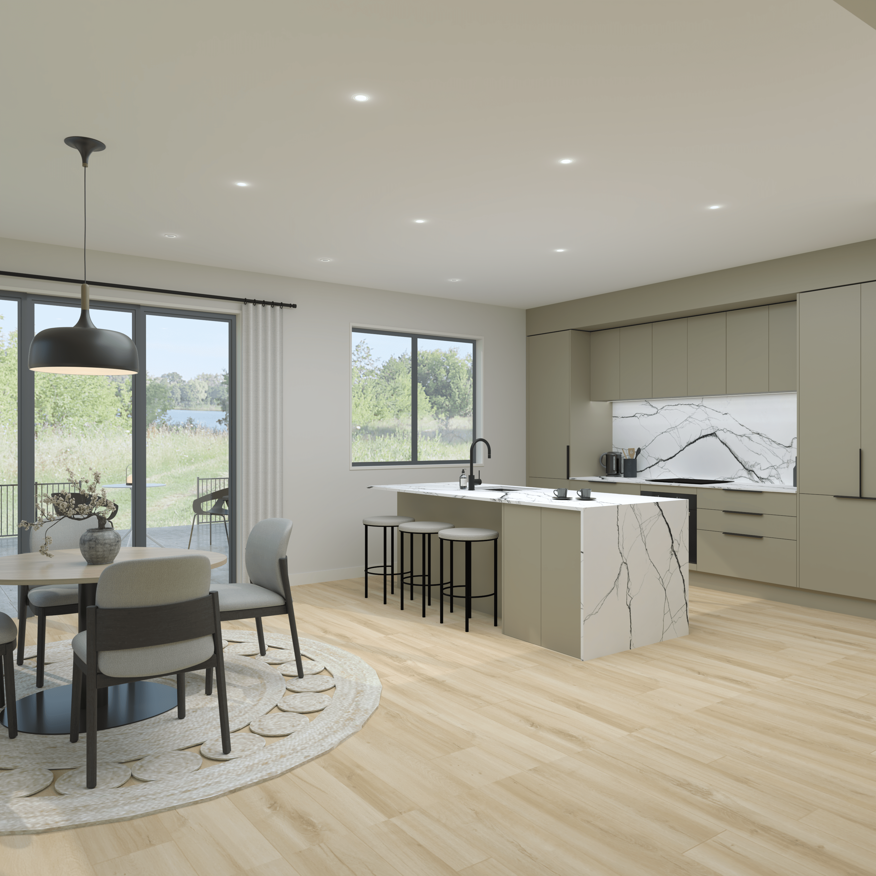 This modern kitchen design has the perfect balance of black details and neutral green tone cabinetry to suit the style of most neutral and modern homes.