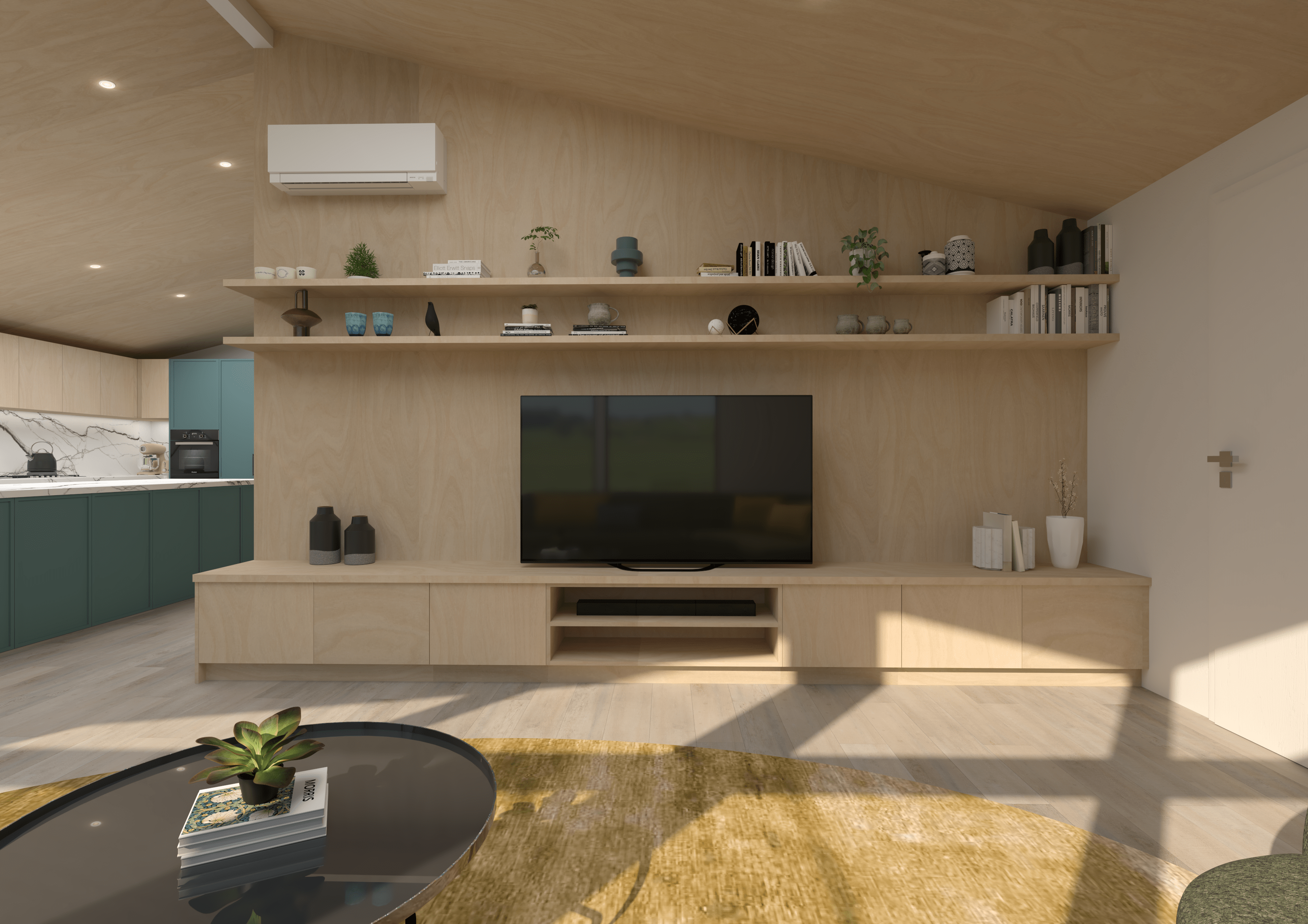 Blending in with the wall to create a seemless tv unit that allows our clients treasured items to become the feature of the space.