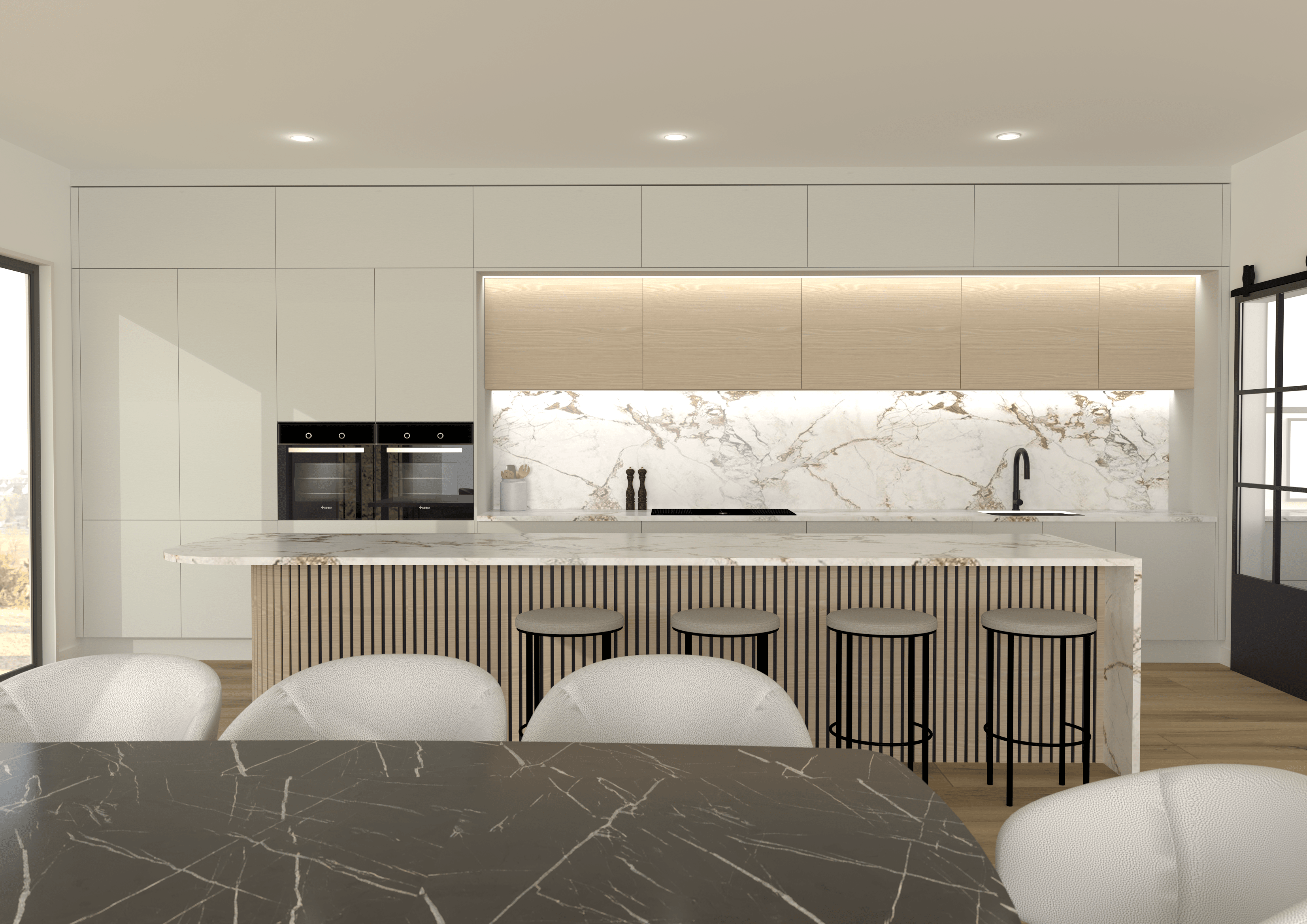 This modern and minimal design allows features like the benchtop and slat panelling to shine in this space. By independent designer Shannon Smith.