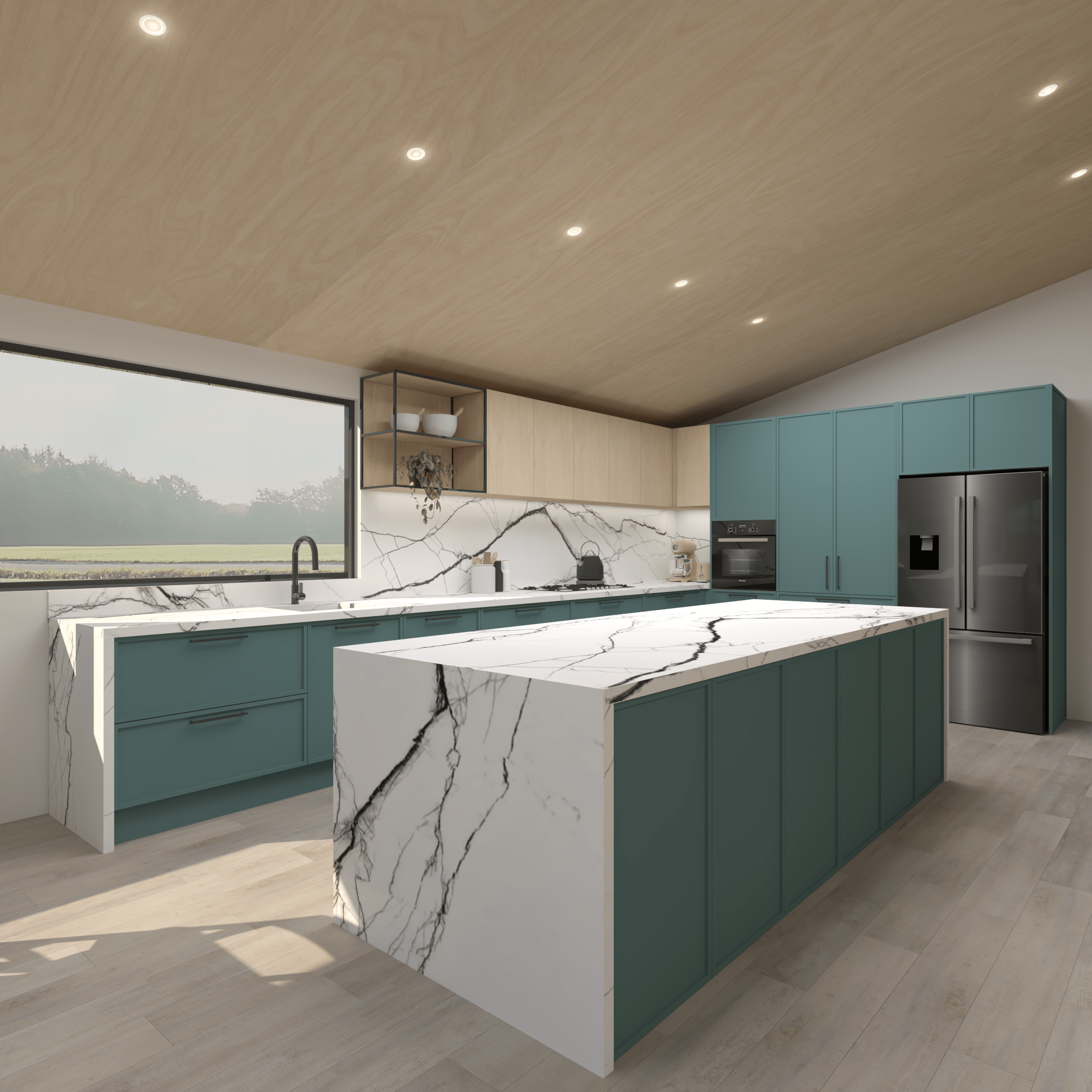Bold kitchen design showcased in our 3D render. This features a striking stone benchtop with matching splashback to contrast the blue tone painted cabinetry.
