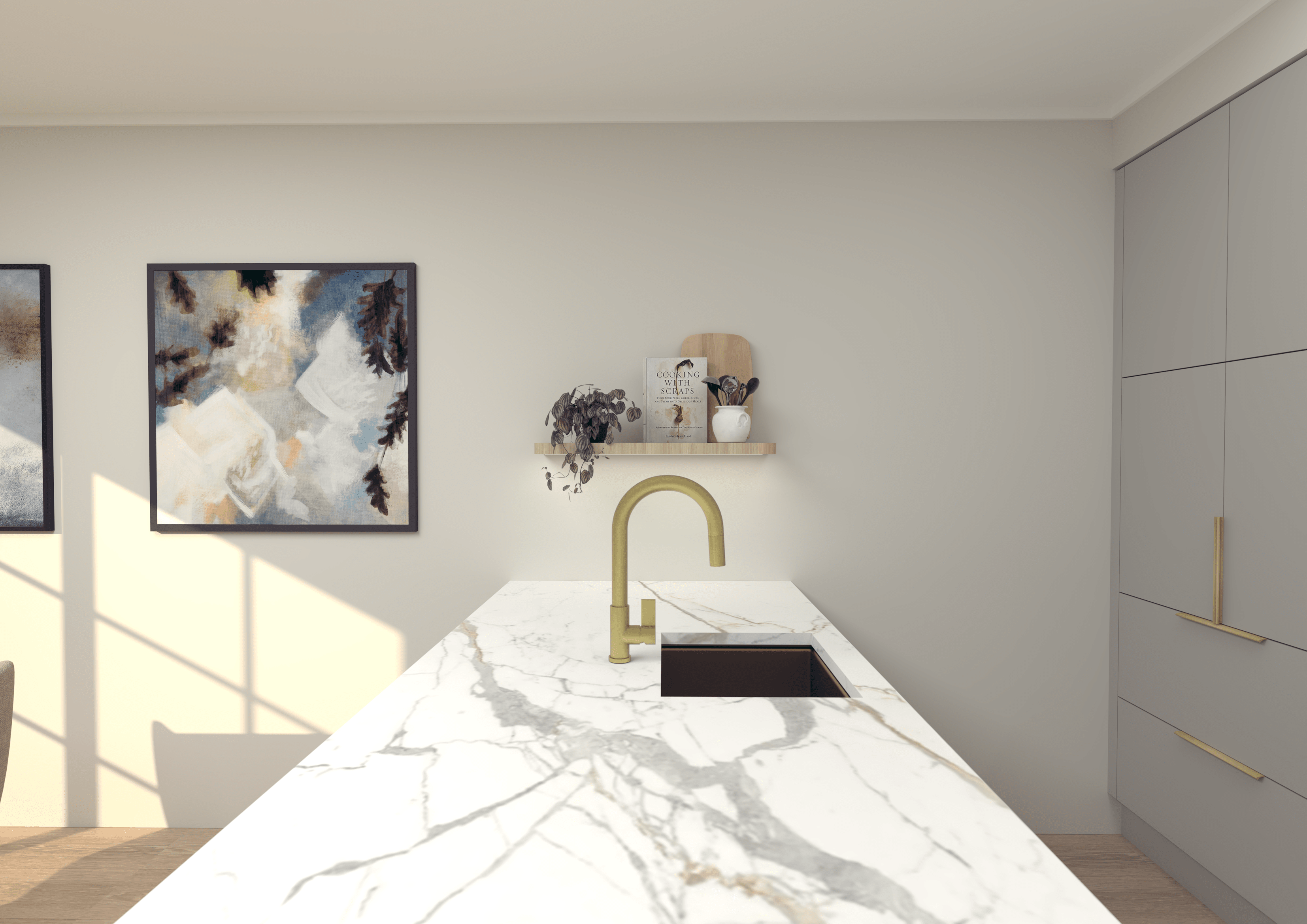 This grey kitchen ties in brass elements to create a warmth in the design. This was designed by  independent kitchen designer Shannon Smith of SL Design.