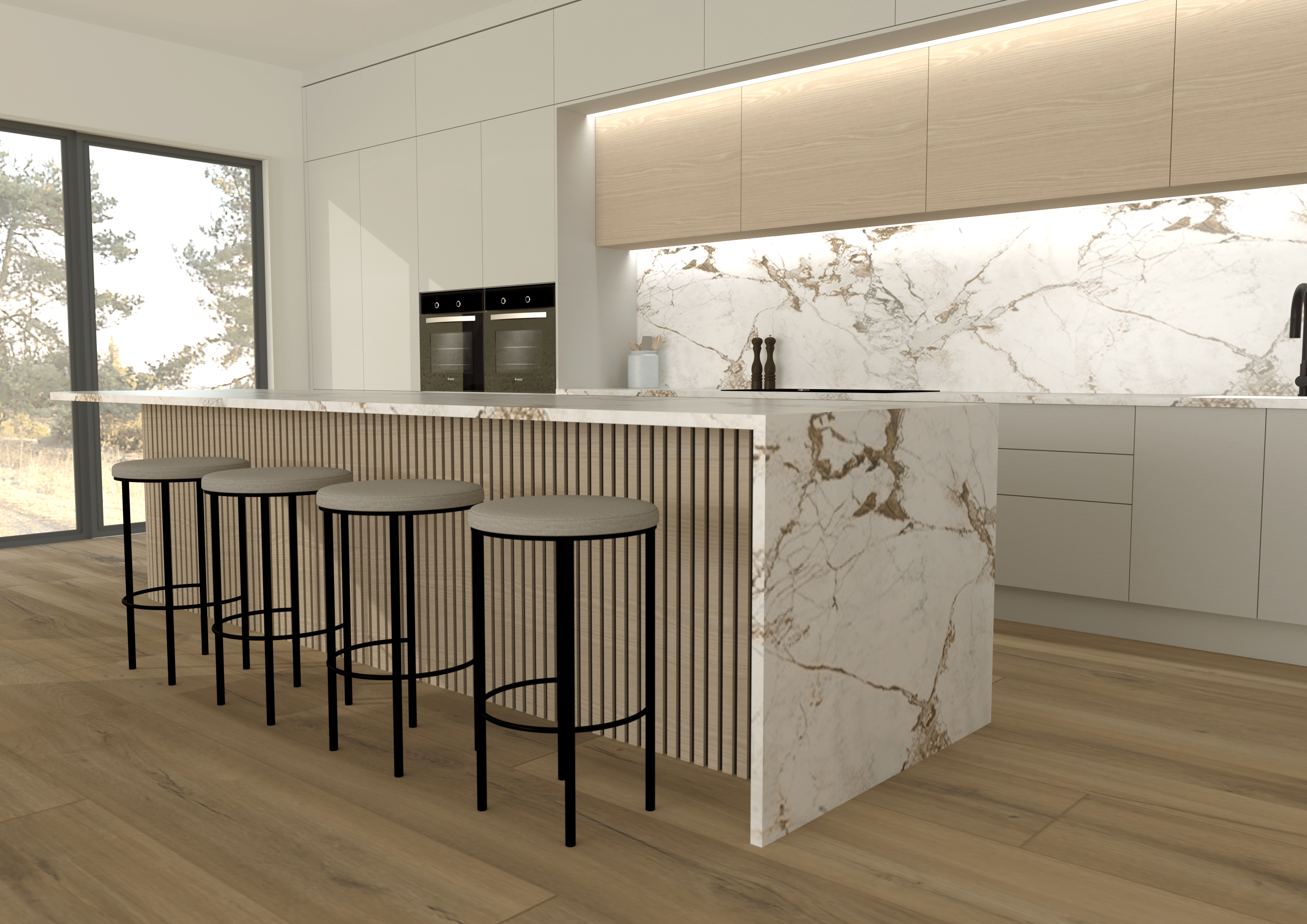 Modern slat paneling detail is one feature in this kitchen design, the other is the stunning porcelain stone that ties in with the warm tones.