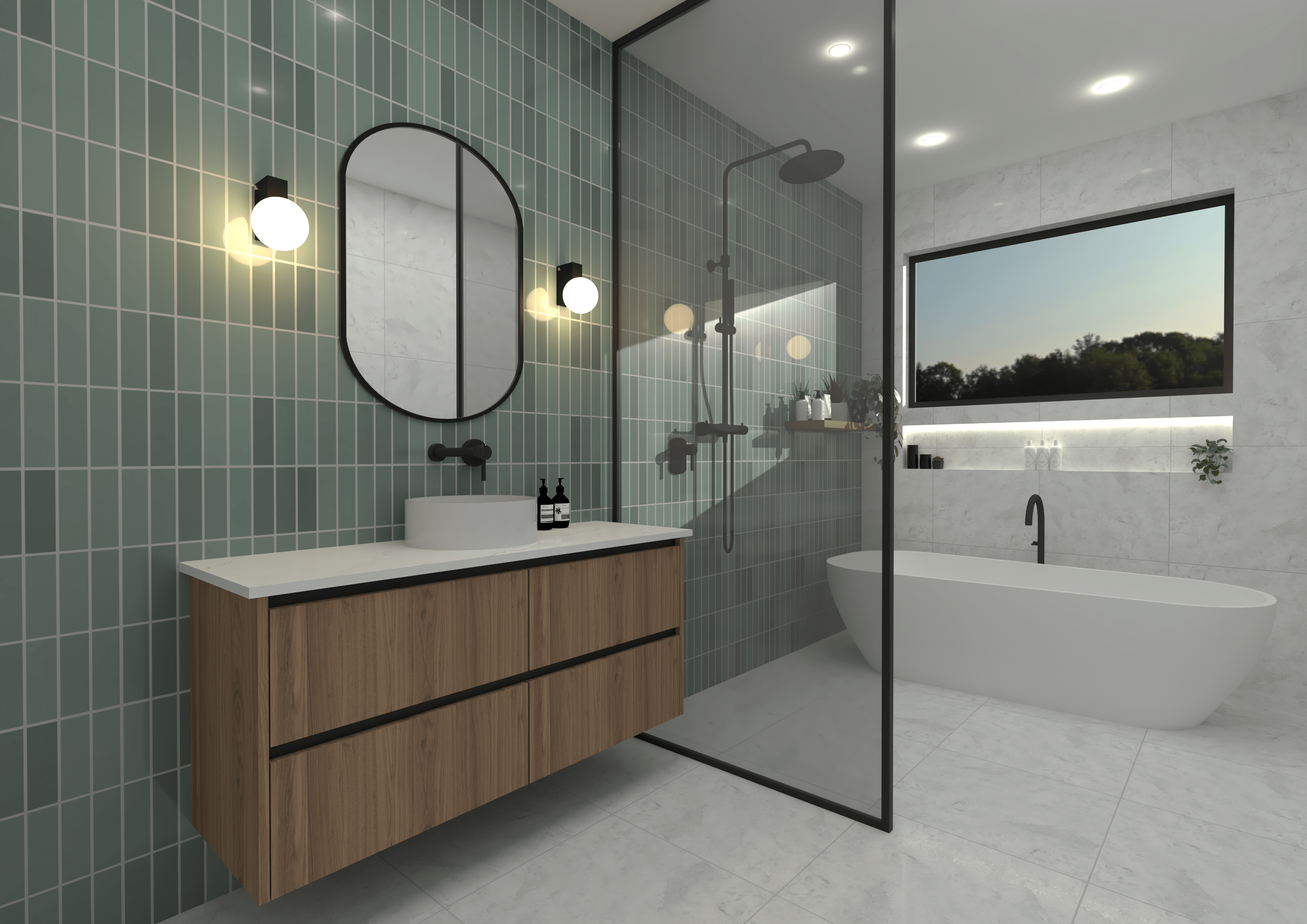 This bathroom features a stunning green tile and black hardware to contrast. At SL Design we can create renders for multiple areas in the home.