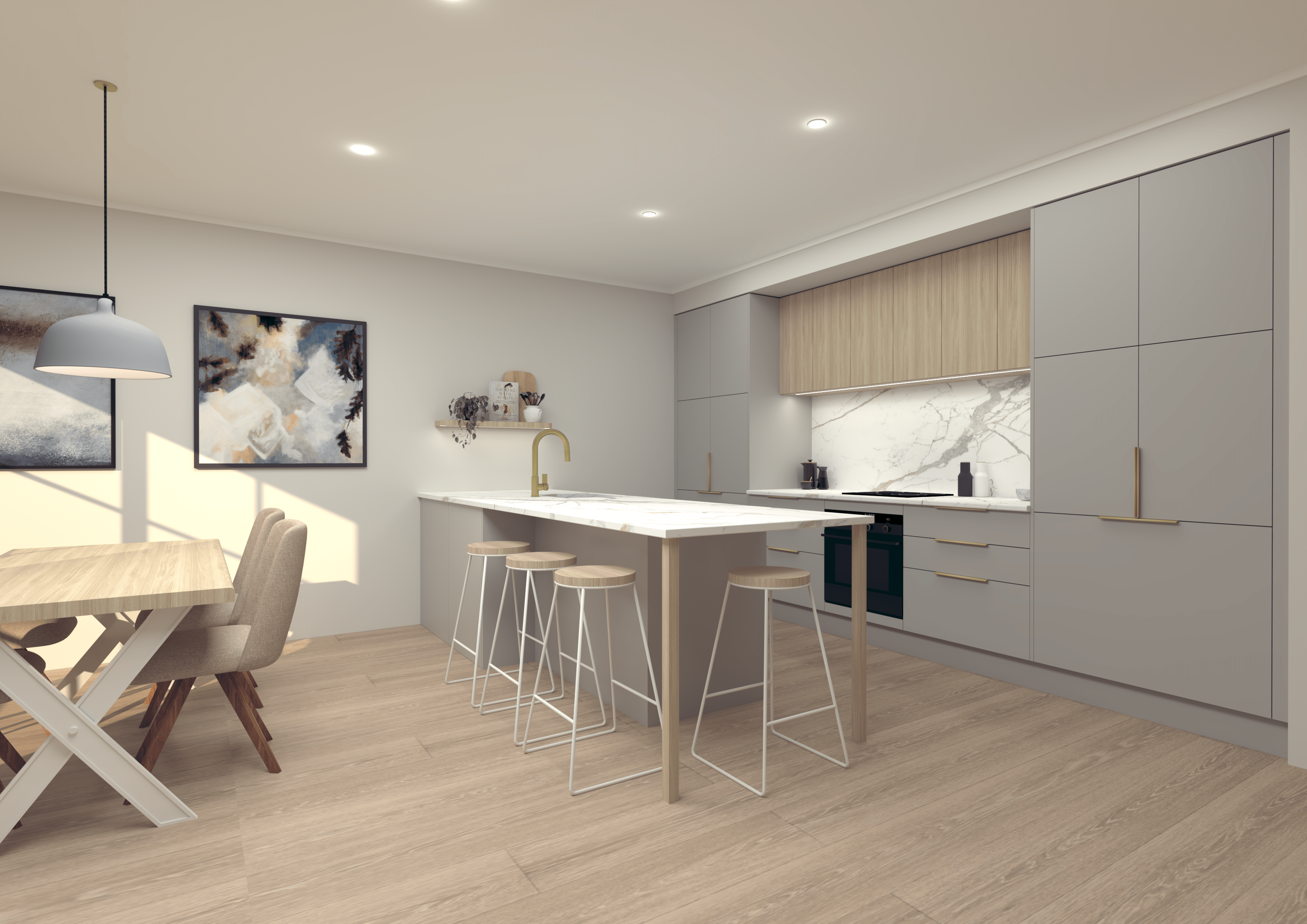 This modern kitchen design features grey tone cabinetry mixed with a light timber and brass hardware to create warmth.