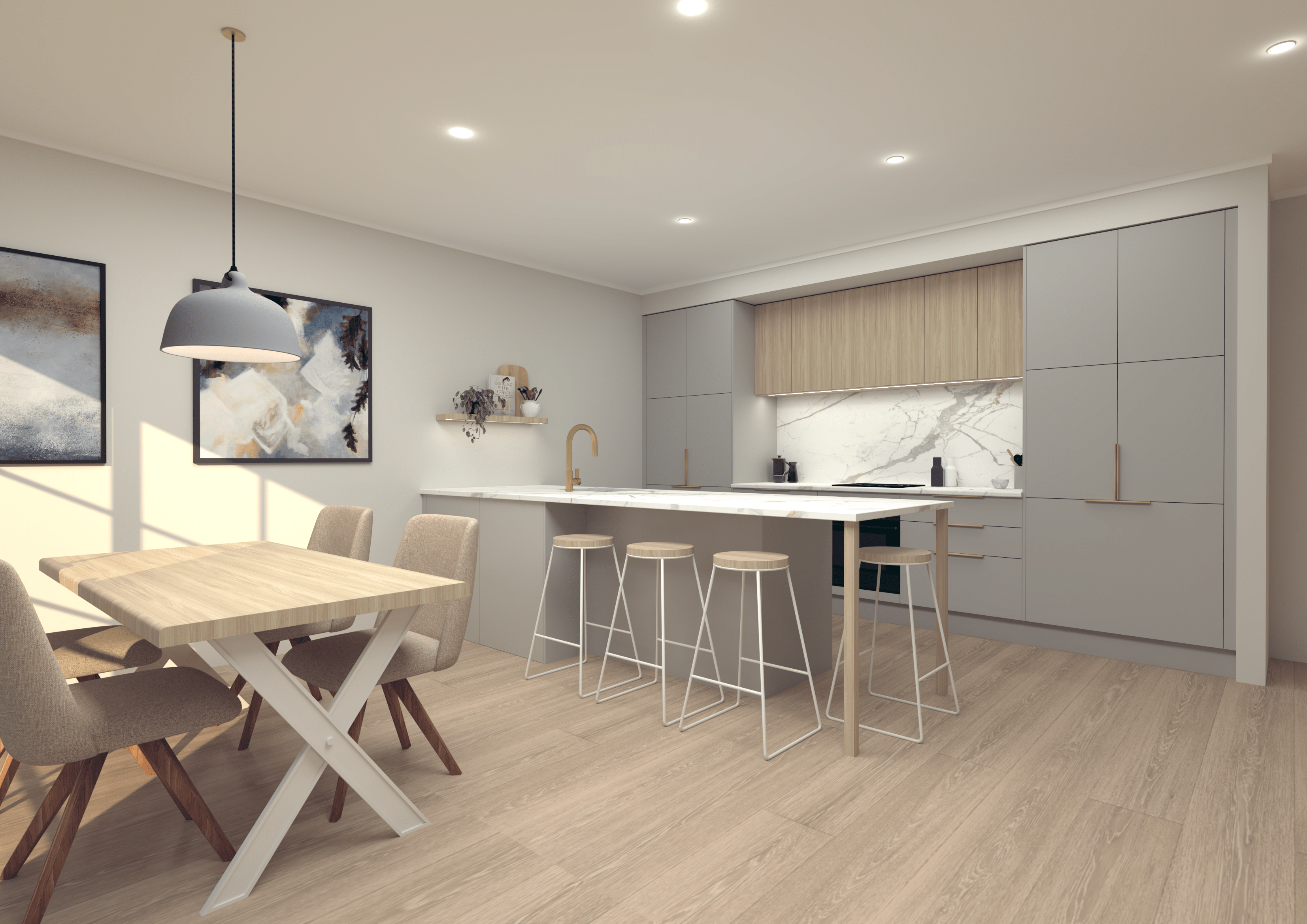 This grey kitchen ties in brass elements to create a warmth in the design. This was designed by  independent kitchen designer Shannon Smith of SL Design.