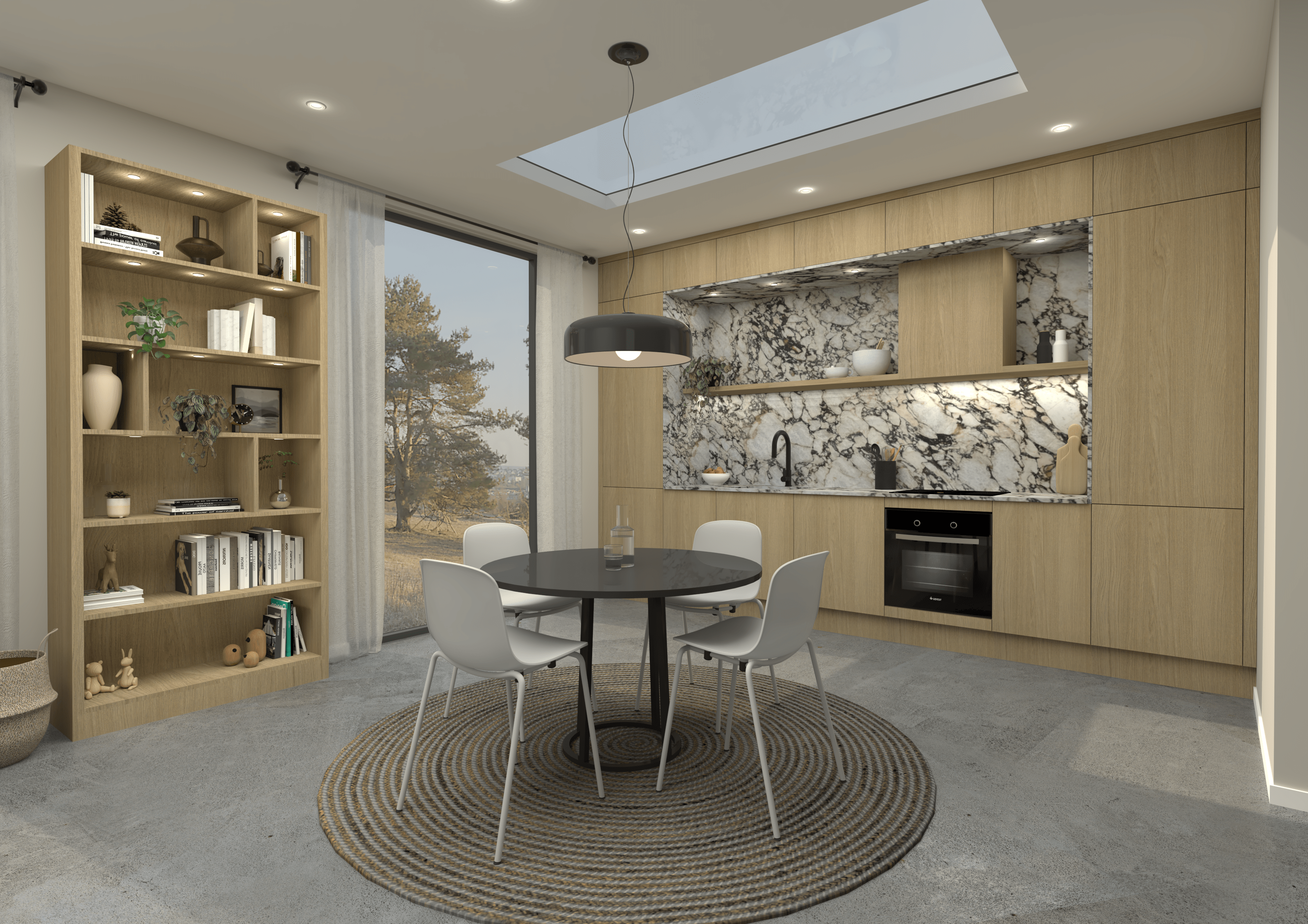 Small kitchen design immersed in warm tone timber and a bold patterned natural stone. Modern kitchen design at its finest.